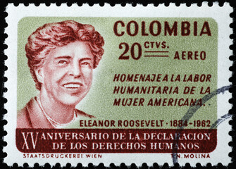 Eleanor Roosevelt on old stamp from Colombia - obrazy, fototapety, plakaty