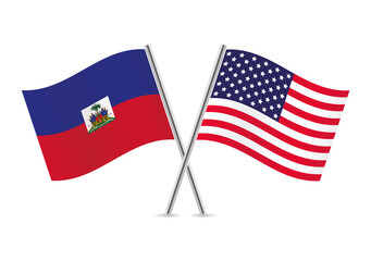 Haiti and America crossed flags. Haitian and American flags on white background. Vector icon set. Vector illustration. - obrazy, fototapety, plakaty