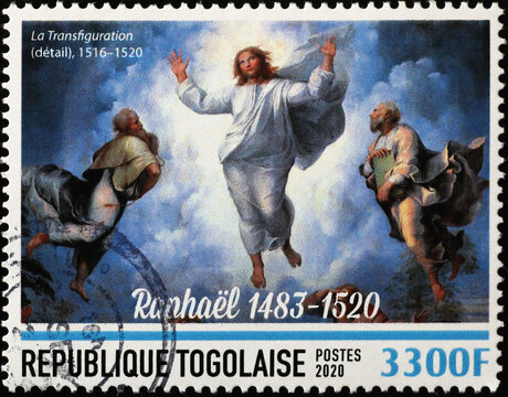 Detail from the Transfiguration by Raphael on postage stamp. Last painting by Raphael.