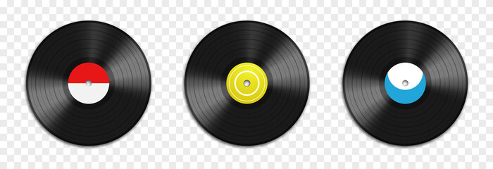 Vector set of vinyl records on an isolated transparent background. Vinyl records in different colors PNG. Old CDs, music. PNG. © Vitaliy