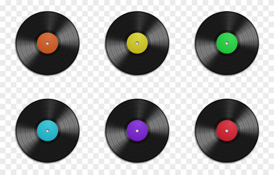 Vector set of vinyl records on an isolated transparent background. Vinyl records in different colors PNG. Old CDs, music. PNG.