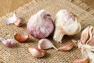 Garlic heads and cloves set on burlap background.