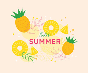 Hello summer! Bright, summer background, poster with pineapple and tropical leaves. Sunny, yellow background with exotic fruits and palm leaves. Banner, postcard, template, print.