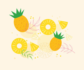 Bright, summer, yellow background with pineapple and tropical palm leaves. Hello, summer! Banner, postcard, poster, template, print.