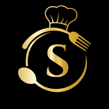 Restaurant Logo on Letter S Concept. Letter S Logo with Chef Hat, Spoon And Fork For Restaurant Logo