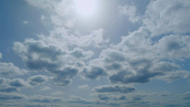 Cloud sky scape. Clouds flying and changing with different shapes on clear blue sky. Time lapse.