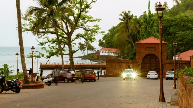 4K Time lapse sunset view of Portuguese era Lower Aguada Fort and former central Jail being renovated as a tourist attraction 