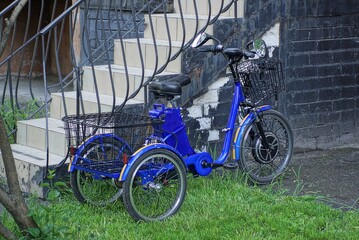 one blue three-wheeled electric bike stands in green grass against a black brick wall on the street
