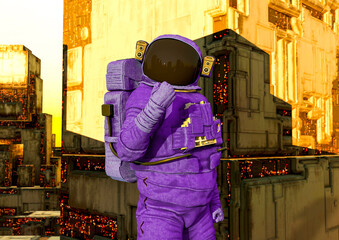 astronaut is doing a success pose on this futuristic planet in sci-fi spaceship background close up view