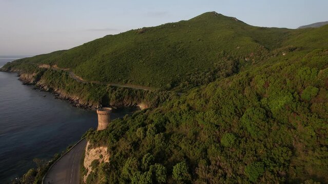 une tour g&eacute;noise avec le maquis bien vert - Cap Corse
