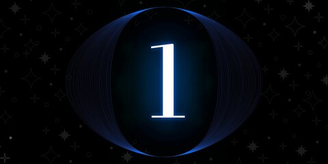 Number 1. Banner with the number one on a black background and white stars with a circle blue in the middle