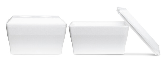 Cooler. Styrofoam Cooler box. White foam plastic Cooler box for ice. Take cold beer, drink, food on the beach. Fridge container for picnic. Empty box. Isolated on white background with Clipping path.