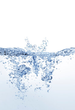 Turbulences into scrambled water surface with bubbles against white background.