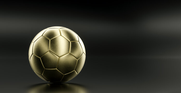 Golden soccer ball on black shiny background. 3d rendering