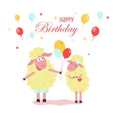 Obraz na płótnie Canvas Happy birthday greeting card with two cute cartoon sheeps.