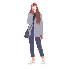 Modern girl with cell phone. Isolated vector, fashion illustration on white background.