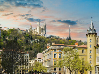 Lyon old city and the Basilica of Notre-Dame on top of the mountain