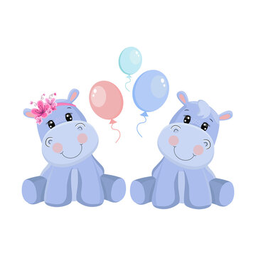 Cute Hippos. Illustrations for children. Baby Shower card
