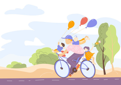 A happy family rides a bike in the park. Flat vector illustration of dad and kids relaxing outdoors in the park together.