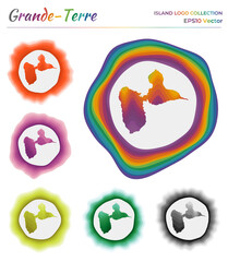 Grande-Terre logo collection. Colorful badge of the island. Layers around Grande-Terre border shape. Vector illustration.