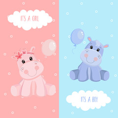 Two Cute cartoon hippo. It's a boy. It's a girl. baby shower invitation card.