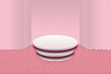 Multi-tiered round white podium on pile fluffy pink carpet. Plastered pink wall with niche. Show platform or pedestal