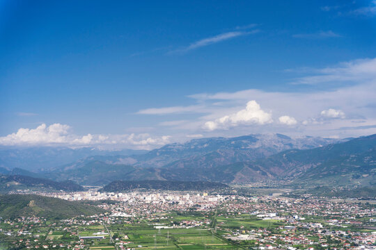 Albania, Elbasan the city with blue sky, view from the mountain of Krab&euml;
