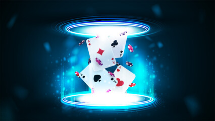 Casino playing cards with poker chips inside blue portal made of digital rings in dark empty scene - obrazy, fototapety, plakaty