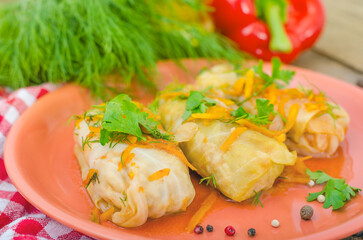 Closeup of three stuffed cabbage rolls