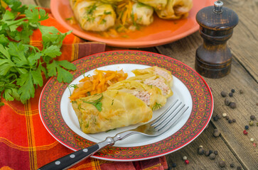 Cabbage rolls stuffed with ground beef and rice