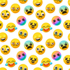 Pattern with yellow emoticons and emotions. Background cartoon emoticons happy faces with smiles realistic 3d design. vector illustration