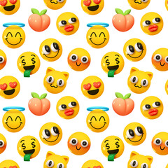 Fototapeta premium Pattern with yellow emoticons and emotions. Background cartoon emoticons happy faces with smiles realistic 3d design. vector illustration