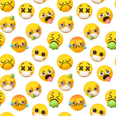 Pattern with yellow emoticons and emotions. Background cartoon sick emoticons faces with medical masks realistic 3d design. vector illustration