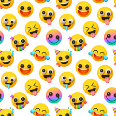 Pattern with yellow emoticons and emotions. Background cartoon emoticons happy faces with smiles realistic 3d design. vector illustration