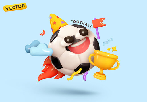Happy soccer ball with golden cup. Football victory celebrations. Creative concept background with sports elements game. Realistic 3d design object cartoon style. vector illustration