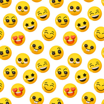 Pattern with yellow emoticons and emotions. Background cartoon emoticons happy faces lovers with hearts realistic 3d design. vector illustration