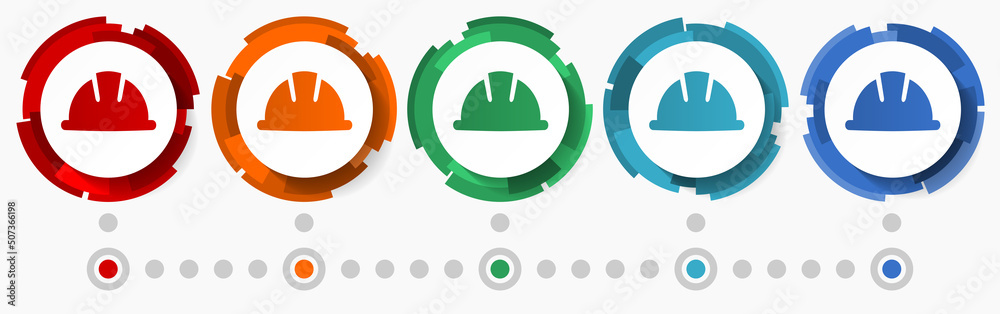 Poster Helmet, worker concept vector icon set, modern design abstract web buttons in 5 color options, infographic template for webdesign and mobile apps