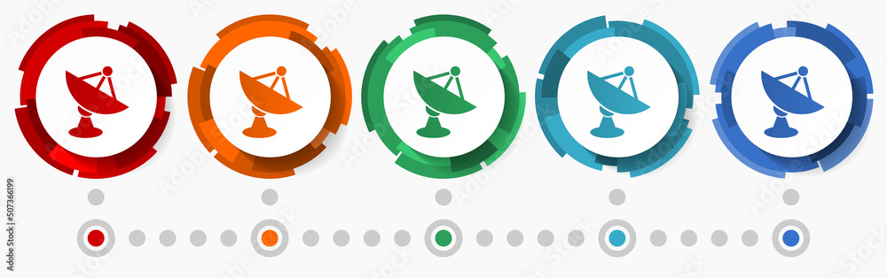 Poster Satellite, dish, antenna concept vector icon set,  modern design abstract web buttons in 5 color options, infographic template for webdesign and mobile apps