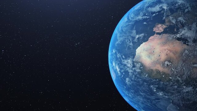 Earth from space. Stars twinkle. No sun in the frame. Flight over the Earth. 4K. Sunrise. The earth slowly rotates. Realistic atmosphere. 3D Volumetric clouds. 