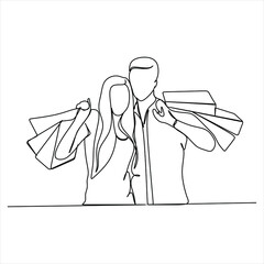 Continuous line drawing of man and woman shopping with bags , couple shopping