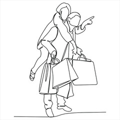 Continuous line drawing of man and woman shopping with bags , couple shopping