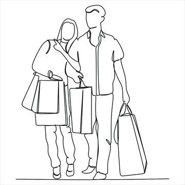 recommend clip art: Continuous line drawing of man and woman shopping with bags , couple shopping