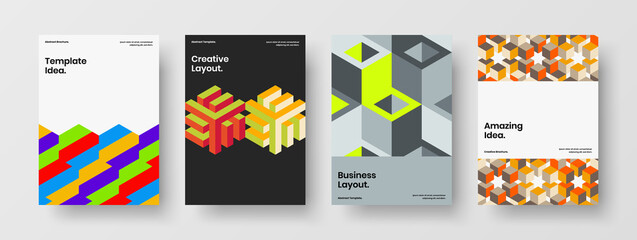 Vivid pamphlet design vector concept bundle. Colorful mosaic tiles leaflet illustration collection.