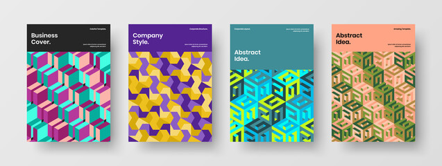 Fototapeta premium Modern corporate identity A4 vector design concept set. Abstract mosaic tiles front page illustration bundle.