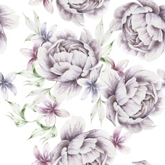 Seamless pattern with flowers. Peony. Watercolor illustration.  Hand drawn. - 507369148