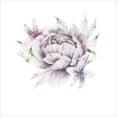 Watercolor bouquet with flowers. Peony.  Illustration.  Hand drawn.