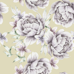Seamless pattern with flowers. Peony. Watercolor illustration.  Hand drawn. - 507369150