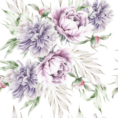Fototapeta na wymiar Seamless pattern with flowers. Peony. Watercolor illustration. Hand drawn.