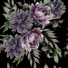 Seamless pattern with flowers. Peony. Watercolor illustration.  Hand drawn. - 507369153