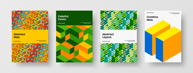 Bright mosaic shapes placard illustration bundle. Vivid annual report A4 vector design concept collection.